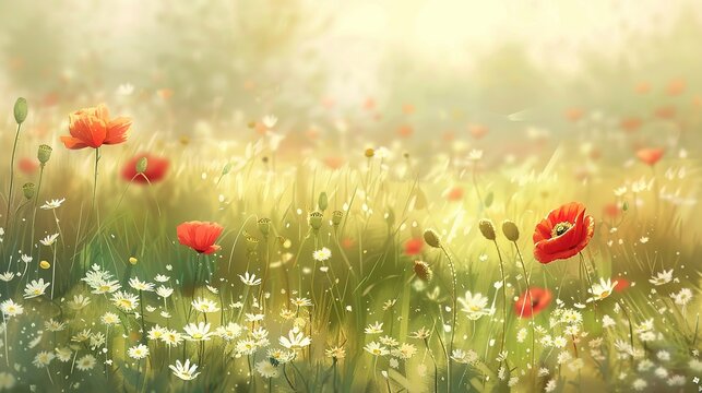 Summer natural meadow full of wildflowers and grasses in the summer sun on a beautiful sunny day., generative ai, generative, ai