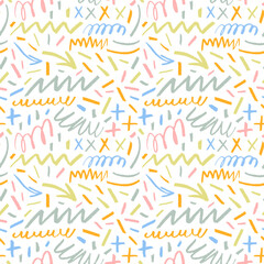 Pastel colored charcoal arrows, strokes, hand drawn squiggles seamless pattern.