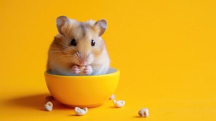 Hamster in a yellow bowl on a bright yellow background