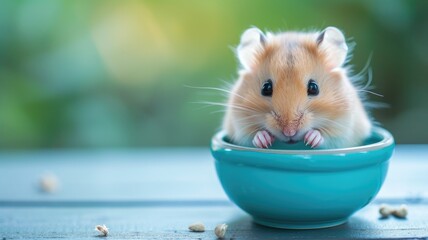 A cute hamster peeking out of a turquoise bowl