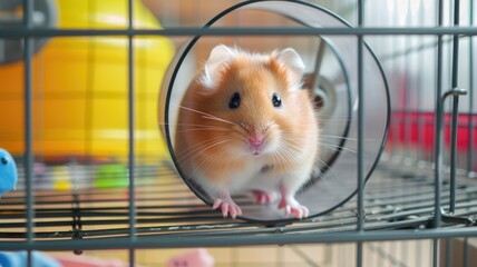 Obraz premium A hamster on a wheel in its cage