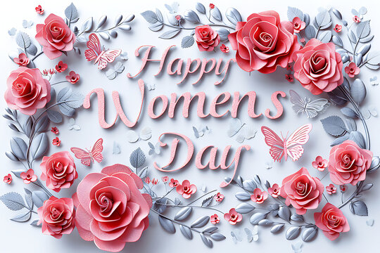 Happy Women's Day in pink and white surrounded with rose flowers and butterflies on white background