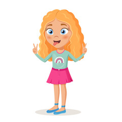 Cute cartoon curly girl character with excited emotion.