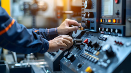 A close-up shot of a worker operating a machine. The worker's hands skilled and precise. The machine's controls modern and easy to use.