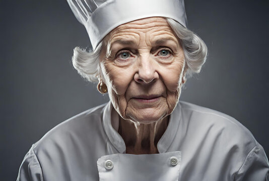 Senhora idosa chefe de cozinha com seu uniforme.