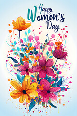 Happy Women's Day in pink and white surrounded with flowers on white blue background