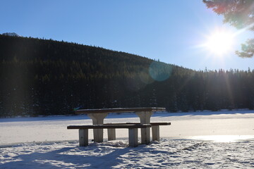 picnic table in winter