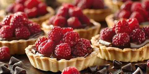 tartlets decorated with plump, juicy raspberries and chunks of rich, creamy chocolate - obrazy, fototapety, plakaty