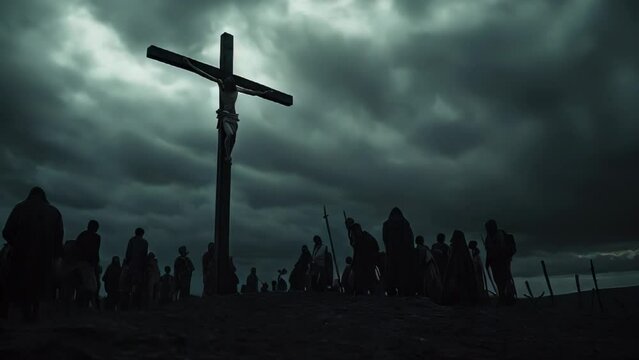 Dramatic depiction of Jesus on the cross, surrounded by darkness, under the watchful eyes of numerous onlookers.