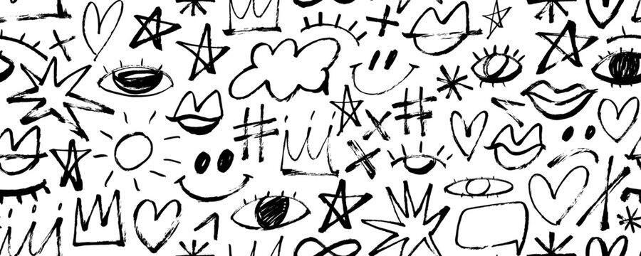 Seamless banner design in childish girly style with crowns, hearts, stars, eyes and others doodle elements.