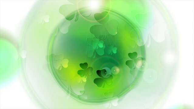 St Patrick Day green white abstract background with shamrock leaves, circle and glowing lights. Seamless looping motion design. Video animation Ultra HD 4K 3840x2160