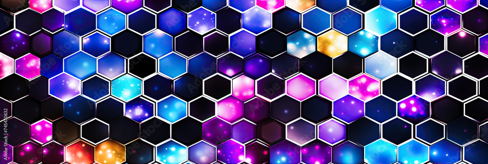 Poster A vibrant and colorful abstract background featuring a pattern of hexagonal shapes in various sizes and hues, creating a dynamic and energetic visual experience