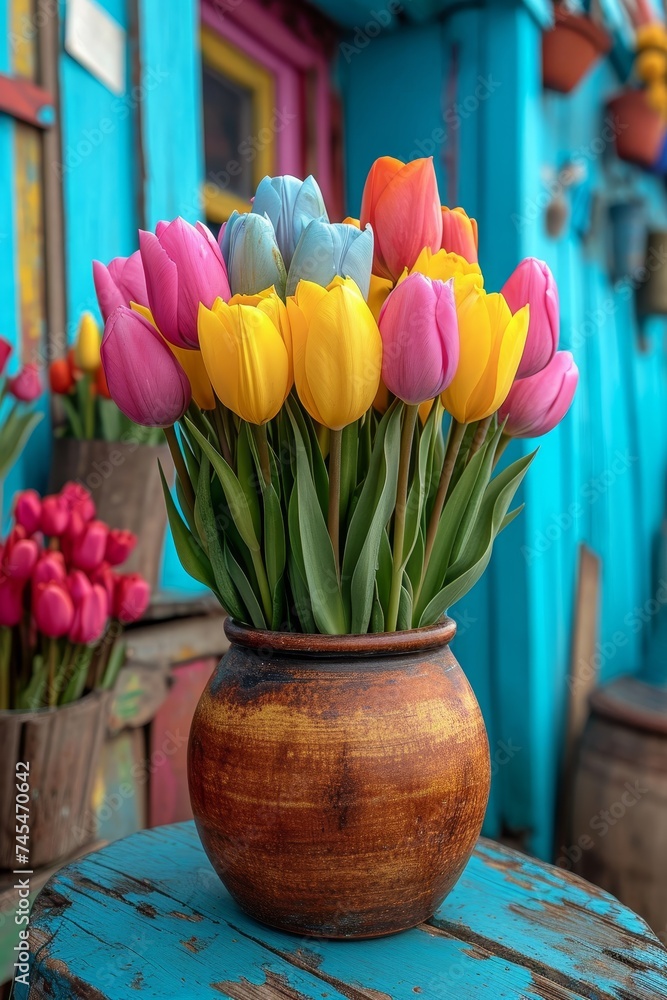 Poster A vibrant vase overflows with a myriad of colorful flowers, creating a lively and exuberant display of natures beauty