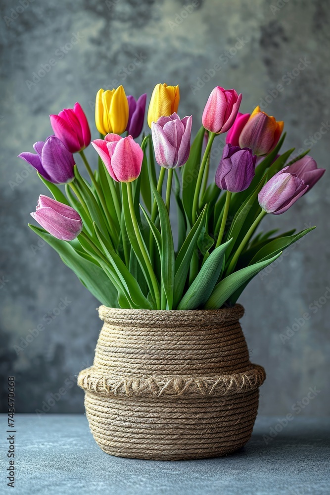 Sticker A vibrant display of colorful tulips overflowing from a intricately designed vase, creating a captivating and lively scene