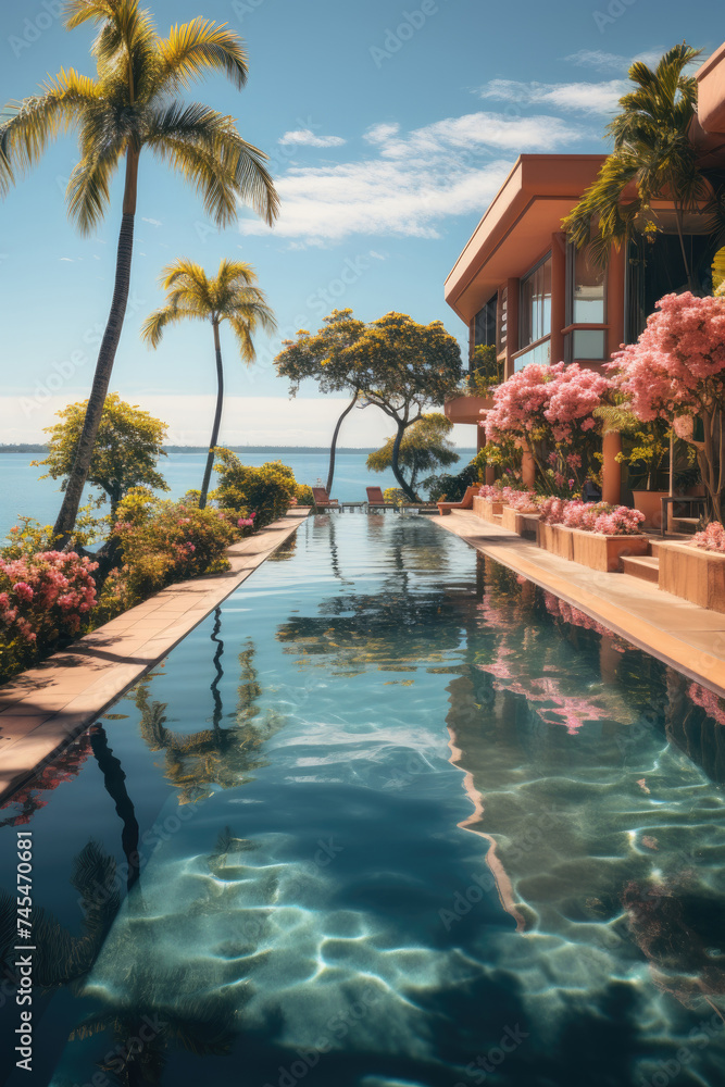 Poster a large swimming pool glistens under the suns rays, nestled next to the vast expanse of the ocean. t