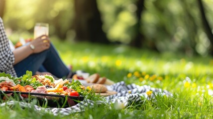 Picnic setting with a salad on a sunny day in the park