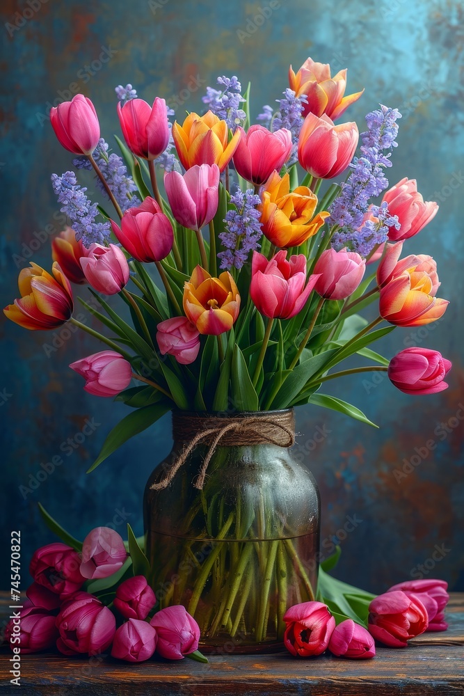 Poster vibrant tulips and an array of colorful flowers in full bloom fill a elegantly crafted vase, creatin