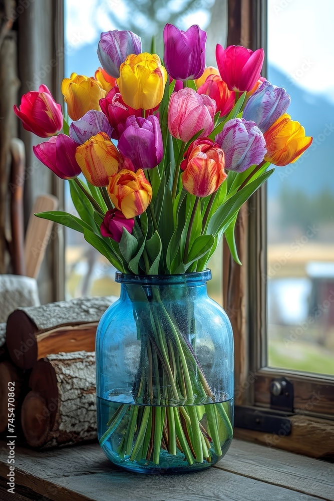 Poster A vibrant vase overflows with an array of colorful tulips, casting a cheerful glow on the window sill