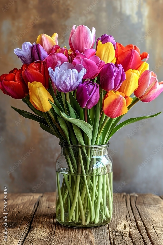 Aufkleber A striking vase overflows with vibrant tulips, adding a burst of color to a rustic wooden table