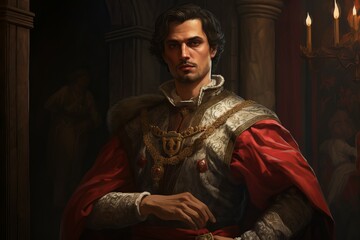 Majestic Medieval duke portrait. Person king. Fictional person. Generate Ai