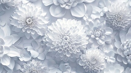 3d render, abstract white paper flowers, horizontal floral background, decoration, greeting card template