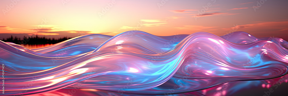 Poster a computer-generated masterpiece featuring a majestic wave gracefully rolling under a mesmerizing su