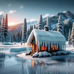 House winter environment landcape lake frozen concept digital illustration