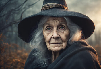 Senhora misteriosa com seu chapéu de bruxa na floresta - obrazy, fototapety, plakaty