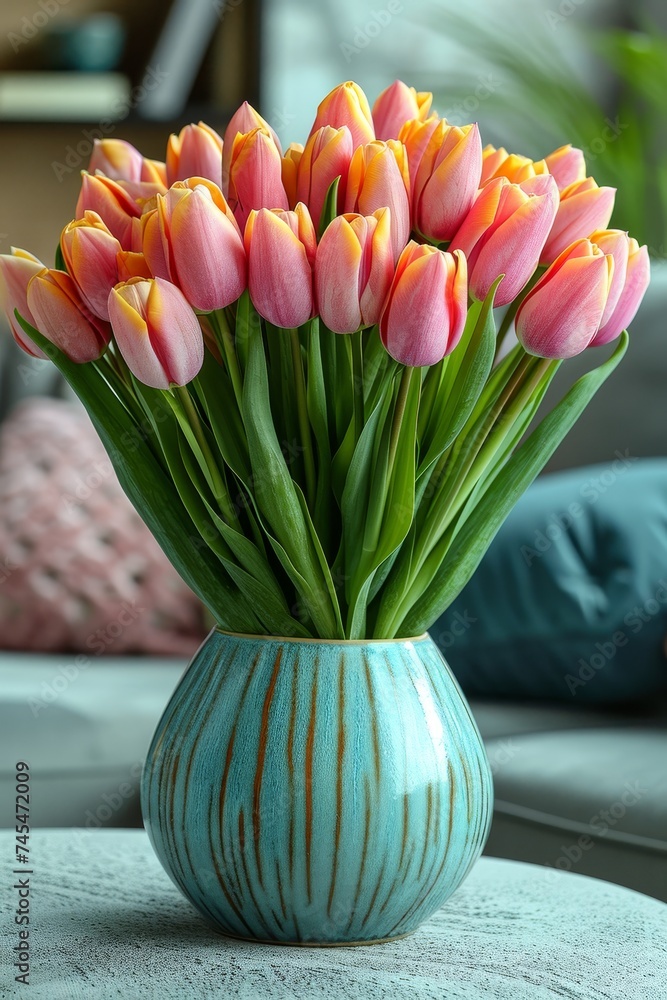 Poster a beautiful vase sits on a table, overflowing with pink and yellow tulips, creating a colourful and 