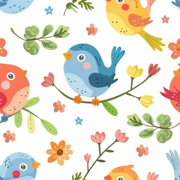 Watercolored Illustration of Cartoon Birds on Branches and Flowers