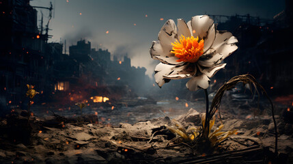 a plant being born in the middle of a destroyed city, environmental care concept, ecological concept - obrazy, fototapety, plakaty
