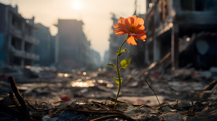 a plant being born in the middle of a destroyed city, environmental care concept, ecological concept
