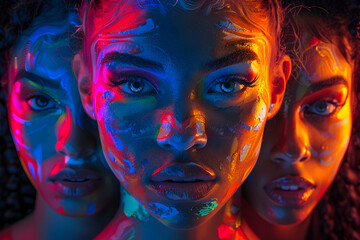 Dynamic Neon-Lit Collage of Diverse Group Portraits in Impressionist Style