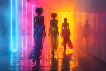 Women Walking in Bright Neon Hallway with Afrofuturism Themes