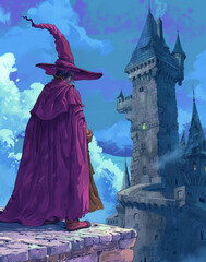 a rear angle view of a disapproving wizard, background a top a castle tower - obrazy, fototapety, plakaty