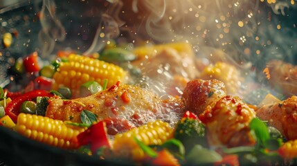 Baked chicken and corn. Chicken and vegetables cooked in oil. Grilled chicken and corn background - obrazy, fototapety, plakaty