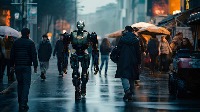 robots walking on the streets of a city, humans and robots coexist on the streets