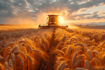 Golden Hour Harvester Action Shot in Wheat Field - obrazy, fototapety, plakaty