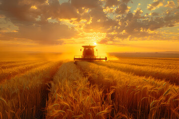 Photo-Realistic Harvester in Wheat Field at Sunset - obrazy, fototapety, plakaty