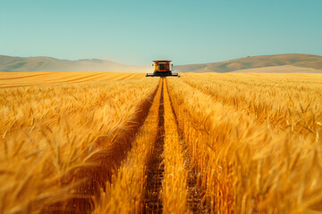 Farmer Driving Combine in Wheat Field on Sunny Day - obrazy, fototapety, plakaty