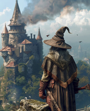 a rear angle view of a disapproving wizard, background a top a castle tower