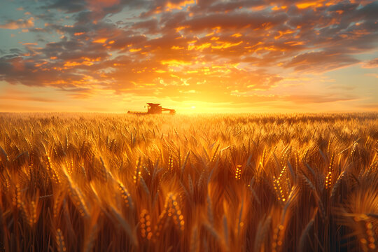 Harvester at Sunset in Wheat Field - Cinema4D Rendering