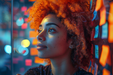 Woman Gazing at Glowing City in Afrofuturistic Night Scene