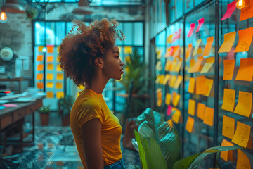 Afrofuturistic Woman in Yellow Looking at Sticky Notes in Office