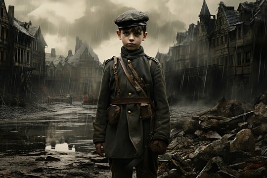 Observant Military child boy ruined city. Night europe. Generate Ai