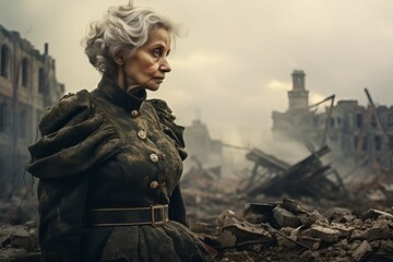 Military senior woman ruined city. Wreck destroyed. Generate Ai - obrazy, fototapety, plakaty
