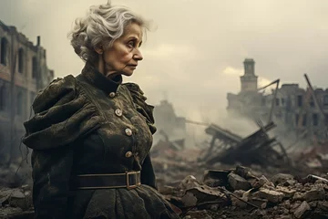 Fototapeten Military senior woman ruined city. Wreck destroyed. Generate Ai © juliars
