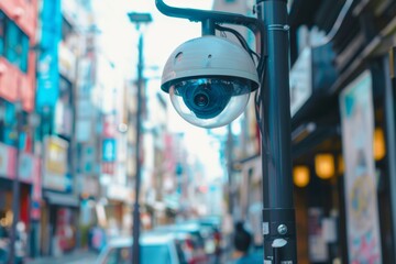 Surveillance Camera on Pole in City Street. Generative AI