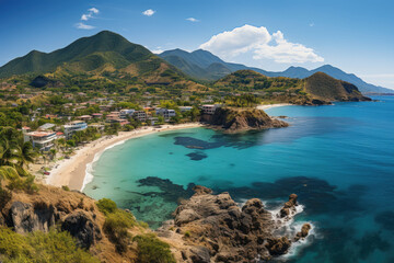 Experience the mesmerizing beauty of a beach meeting mountains from a birds eye view. The contrast between the sandy shore and rugged peaks creates a stunning natural masterpiece