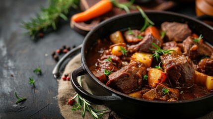 Fototapeta premium Stewed meat with vegetables. Generative AI